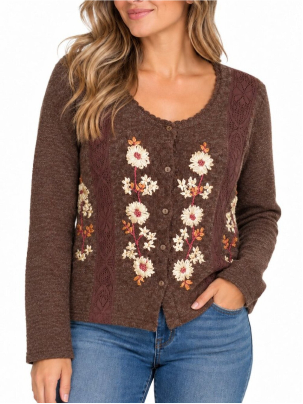 APRIL CORNELL Vintage Alpaca Blend Knit Cardigan Brown Medium Floral Embroidered